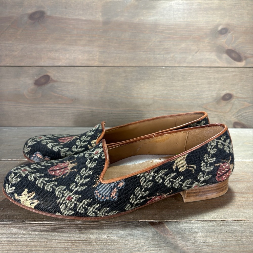 vintage talbots womens size 9.5 shoes black floral lady bug comfort loafers